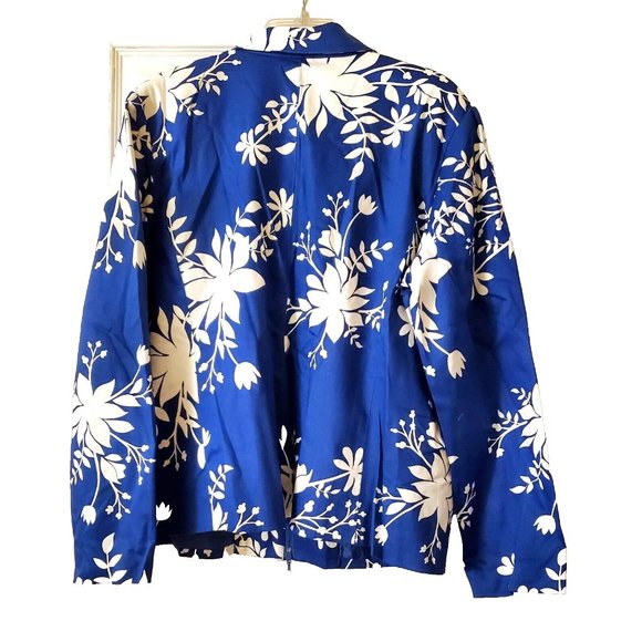 SUSAN GRAVER WOMENS LINED FLORAL BLUE WHITE ZIP BLAZER GLASS EMBROIDERY XL NWOT - Picture 7 of 8